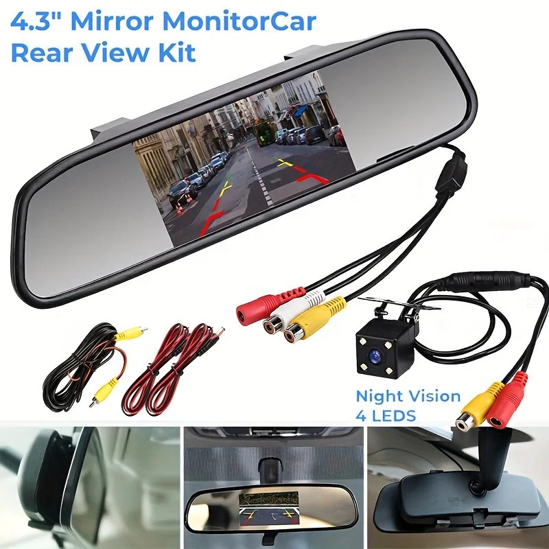 HD 4.3In TFT LCD Rearview Mirror Monitor with 4LED Backup Camera for Monitor Reversing Parking SUV Pickup Camper Tractor RV Etc.