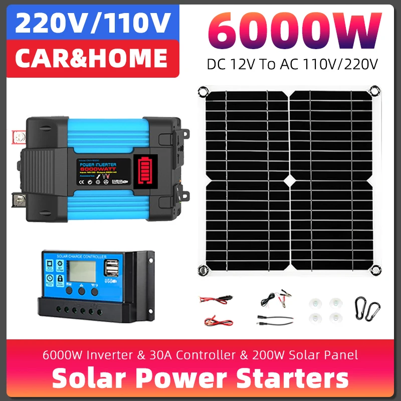 110V/220V 6000W Inverter 30A Controller Full Power Kit Charger Car Solar Power bank System 5V Solar Panel Camping for home plug