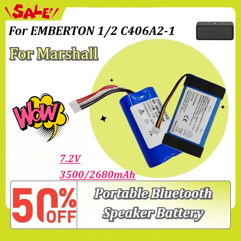 New 7.2V 2680/3500mAh 18650 Portable Bluetooth Speaker Replacement Battery for Marshall EMBERTON 1/2 C406A2-1 Lithium Battery