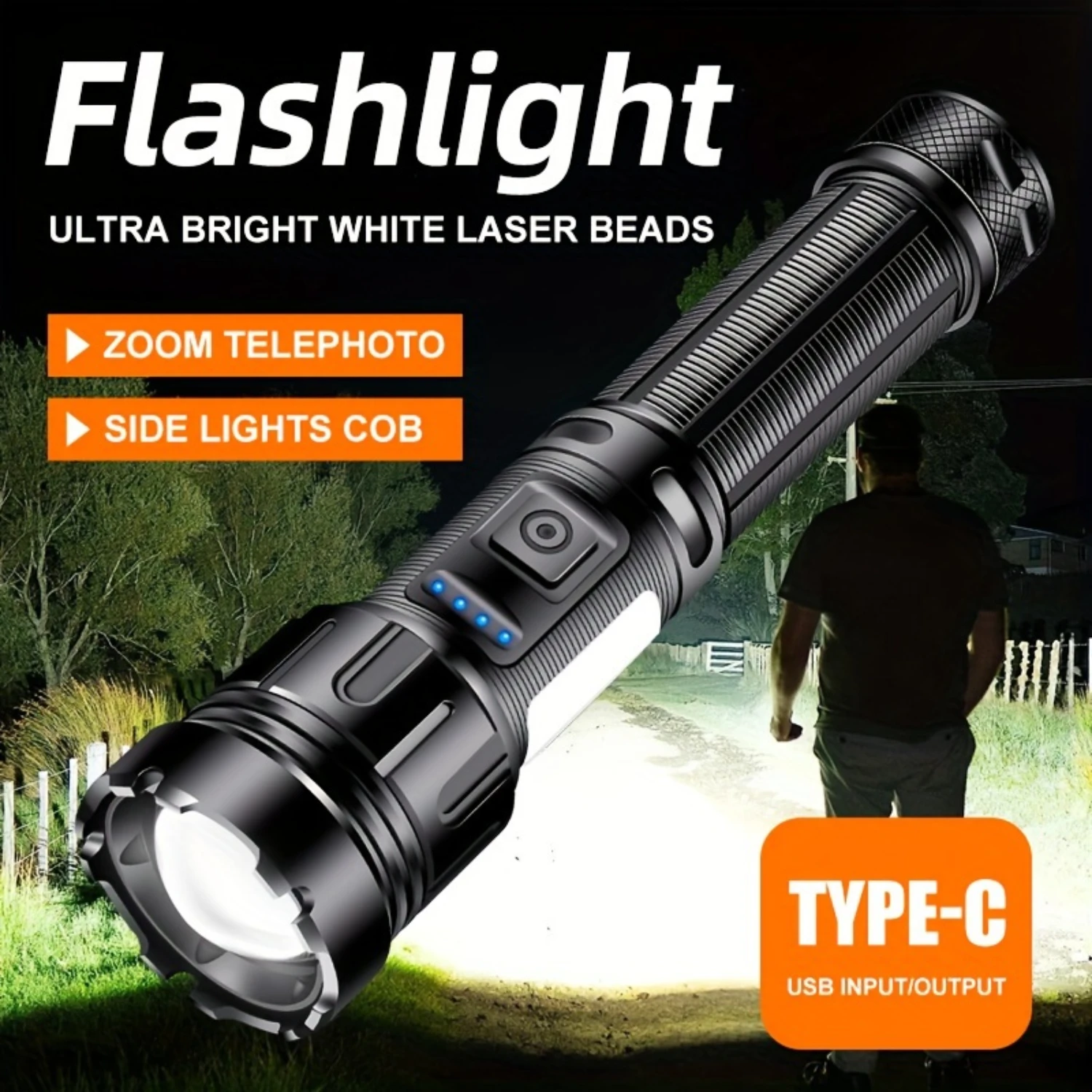 Rechargeable LED flashlight, 7- high brightness flashlight, COB work light, handheld flashlight, suitable for emergency situatio