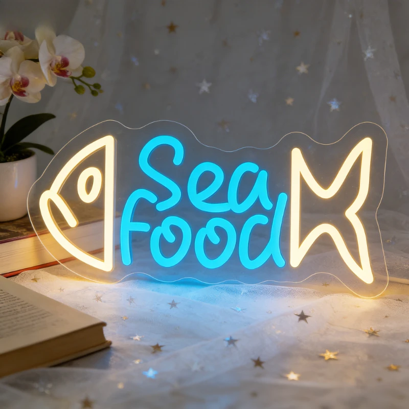 

Светодиодная неоновая вывеска «Рыба и морепродукты» сине-желтого цвета, USB, с регулировкой яркости, для суши-ресторанов, кухонь, баров, кафе, декора стен в морской тематике