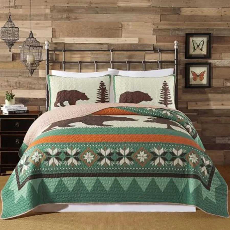 

Rustic Cabin Quilt Set - Size with 1 Sham Wilderness Lodge Bedding with Nature Theme Forest Quilted Bedspread with Outdoor Moti