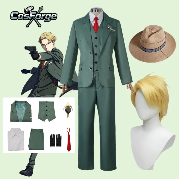 Loid Forger Косплей Костюм Аниме Spy X Family Косплей Мужской Светло-Зеленый Костюм Галстук Белая Рубашка Комплект Шляпа Костюм на Хэллоуин