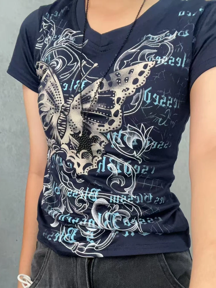 

Summer Gothic Harajuku T-shirts Women V-neck Y2k Design Fashion Short Sleeve Print Tops Streetwear Grunge Casual Chic Clothes