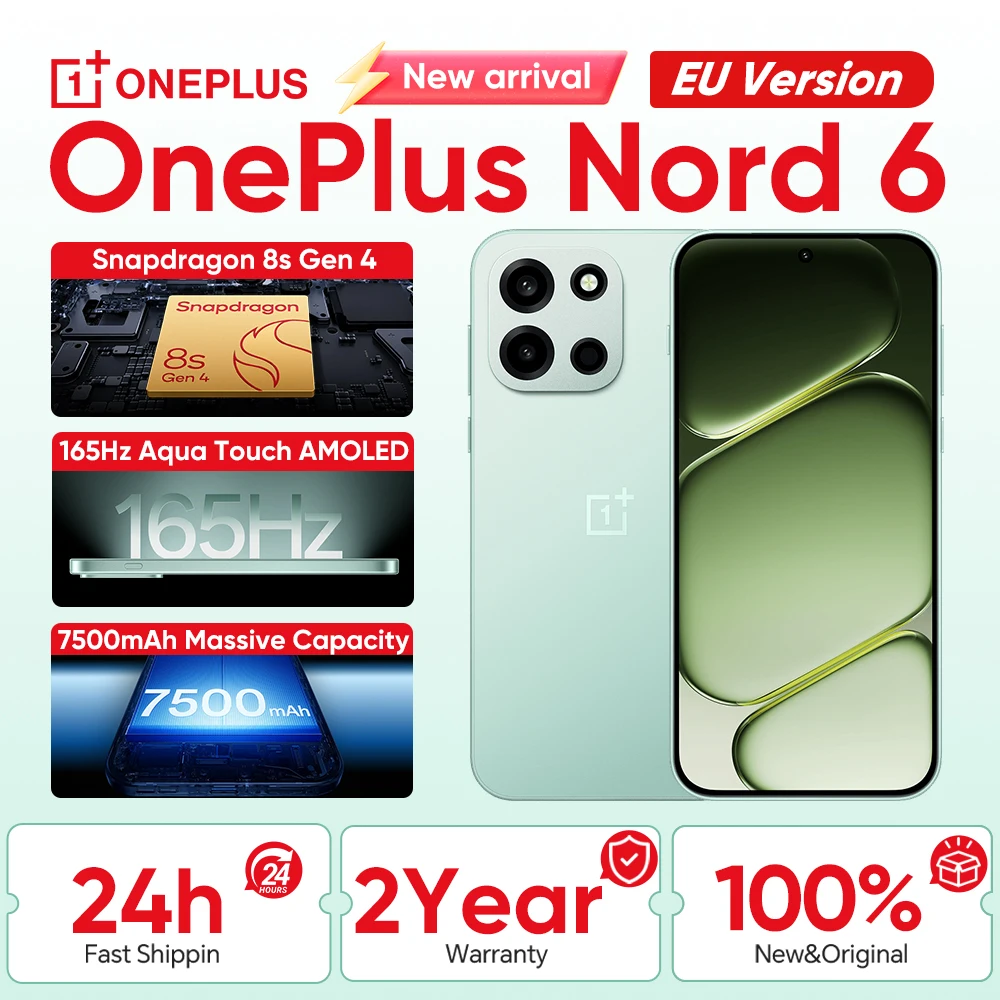2026 New OnePlus Nord 6 Global Version 5G  7500mAh 80W SUPERVOOC 6.78" 165Hz Snapdragon 8s Gen 4 50MP OIS 8MP Ultra Wide Angle 32MP NFC, Bluetooth 6.0 Dual SIM