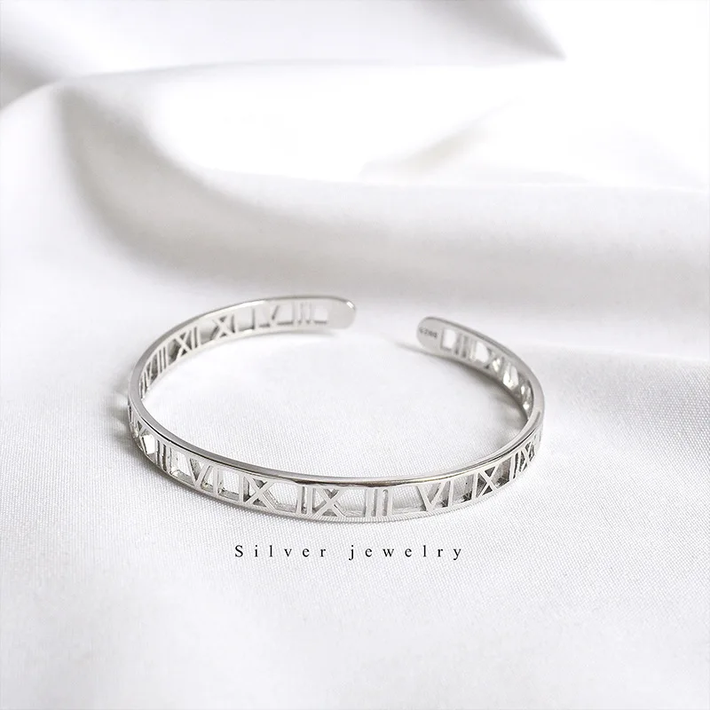 Buyee 925 Sterling Silver Male Female Bangles Polishing Simple Roman Open Bangles for Women Men Classic Fine Jewelry Circle Gift