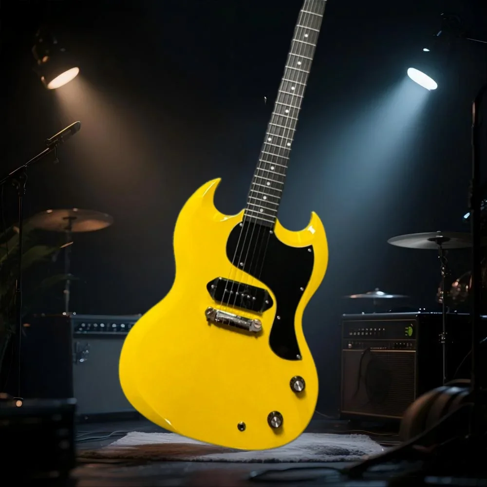 Envío Gratis guitarras eléctricas SG versión amarilla diapasón de palisandro cuerpo de caoba seda de cabeza redonda con incrustaciones de CA-CC