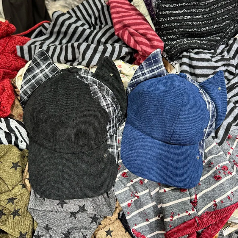 Koreanische karierte Cord-Baseballkappe mit Katzenohren, Herbst- und Wintermode, Y2K-Sonnenschutz, warme Sportmütze, Gorros für Damen – Detail 1