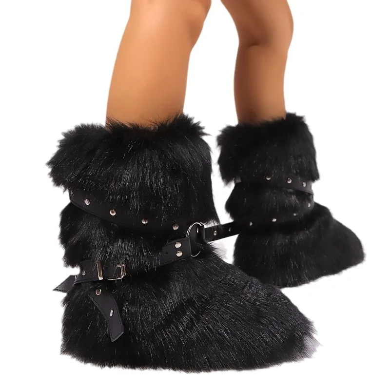 

Cross Belt Buckle Fur Snow Boots Plus Velvet Warm Fur Women's Boots Fashion Over Knee High Boots Y2K Girls Outdoor Furry Shoes
