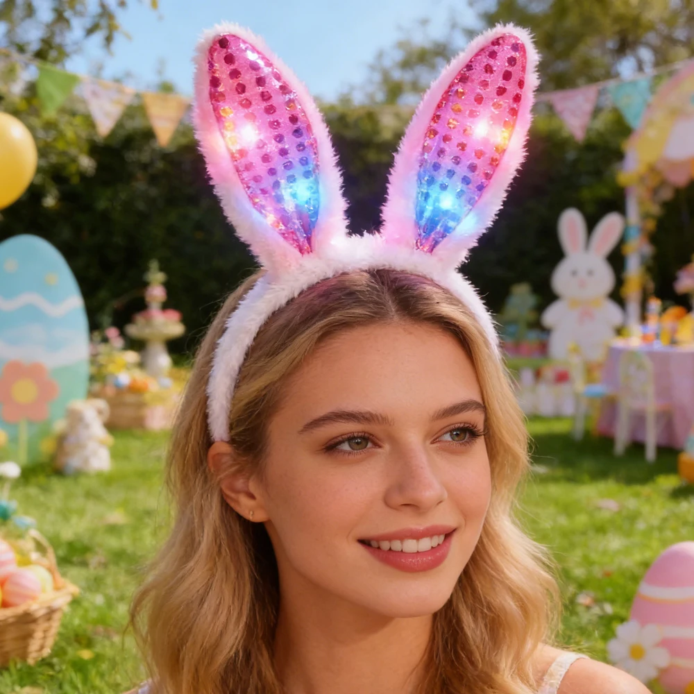 

Плюшевая повязка на голову с кроличьими ушками, светящаяся LED-повязка для волос, реквизит для пасхальной вечеринки, милый головной убор в виде кролика, светящийся ободок для волос, праздничные аксессуары