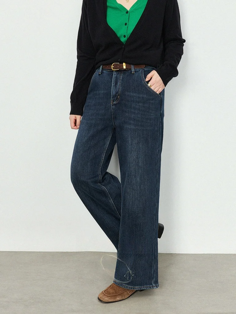 

Джинсы женские с высокой талией, широкие, синие, больших размеров, зимние, новые, стройнящие, прямого кроя, длинные, повседневные, из хлопкового денима