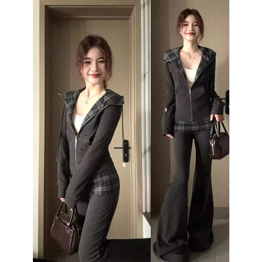 Autumn Winter Women's Casual Hooded Open Cardigan Sweater Long Sleeve Plaid Patterned Faux Cashmere Long Pants Two Piece Set