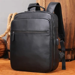 High Capacity Leather Backpack Real Cowskin Computer Bag Black Men's Genuine Leather Laptop Backpacks 13 14 inch daypack school