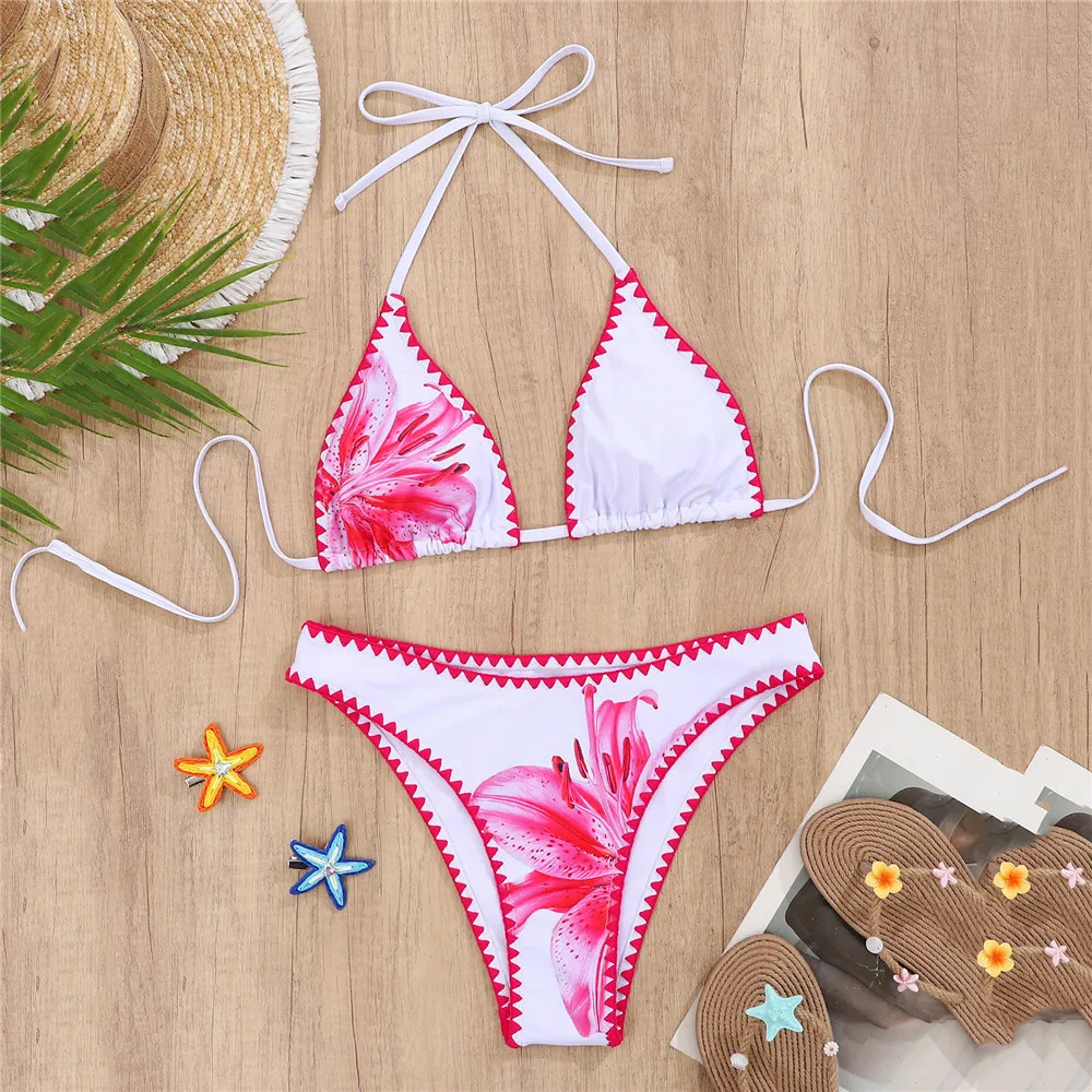 

White Flower Print Sexy Swimsuit String Thong Micro Triangle Bikini Dames Swimwear Woman 2026 Swimming Bathing Suit Bikinis Sets