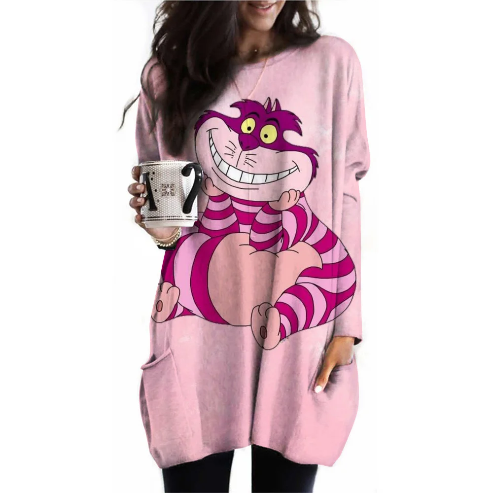 Women\'s Pocket T-shirt Disney Princess Fashion Loose Long Sleeve Cheshire Cat Printed Round Neck Pocket T-shirt Top Women\'s Spor