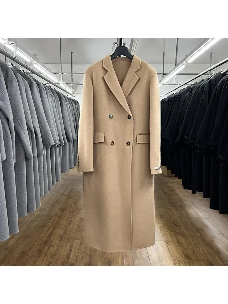 2022 Winter Double Breasted Long Handmade 100% Wool Coat Women Korean Style High End Suit Collar Loose Woolen Jacket Overcoat