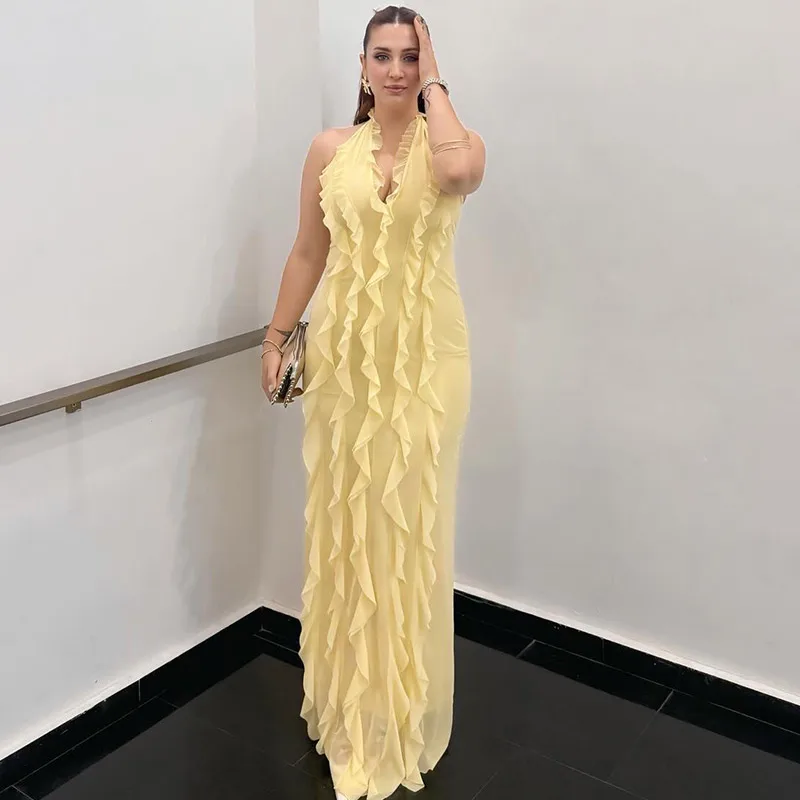 

Solid Pleated Backless Long Dress Women Sleeveless V Neck Slim Fit Hatter Vestidos Seaside Robe Vacation Elegant 2025 New Gowns