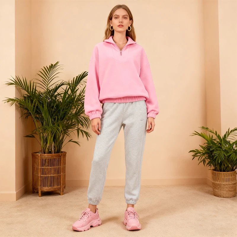 핑크 가을 겨울 후드티 여성 긴팔 양털 두꺼운 지퍼 라펠 풀오버 스웨트셔츠 스트리트웨어 루즈핏 여성 후드