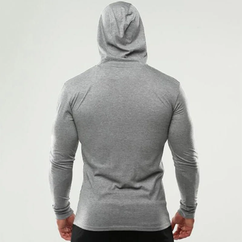 Men Fashion Hooded Cotton Long Sleeve Gym Fitness T-shirt Autumn Casual Breathable Sun Protection Slim Fit Workout Muscle Shirt