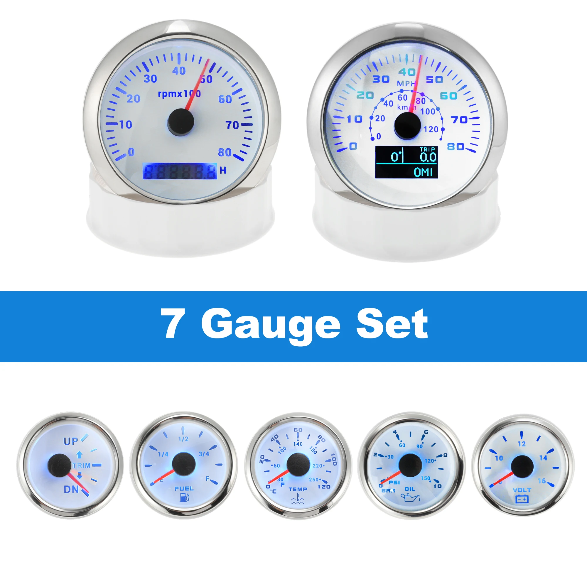 

UXCELL 7-манометрический набор GPS-спидометр Тахометр для топлива/температуры/масла/вольта/отрама для морской лодки белый