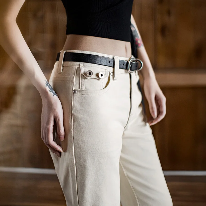 Maden Vintage Women’s Casual 100% Cotton Pants Mid Rise Versatile Beige Pants Slim Fit Flare Trousers for Autumn and Winter