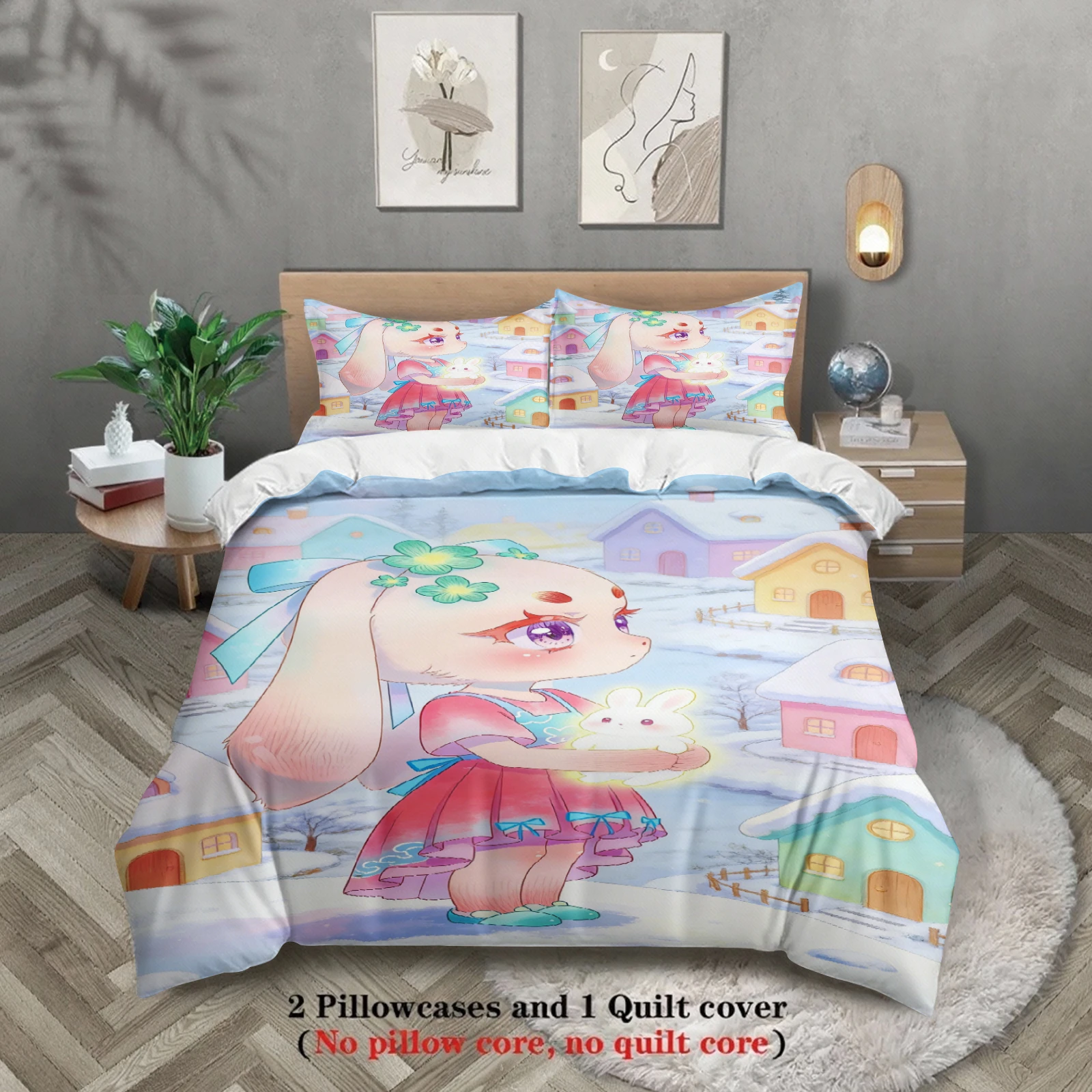 Softville Cozy Town 3PCS Bedding Sets Lop Rab Holding a Bunny Winter Pinted Duvet Cover No filling Cartoon Style Queen King Size