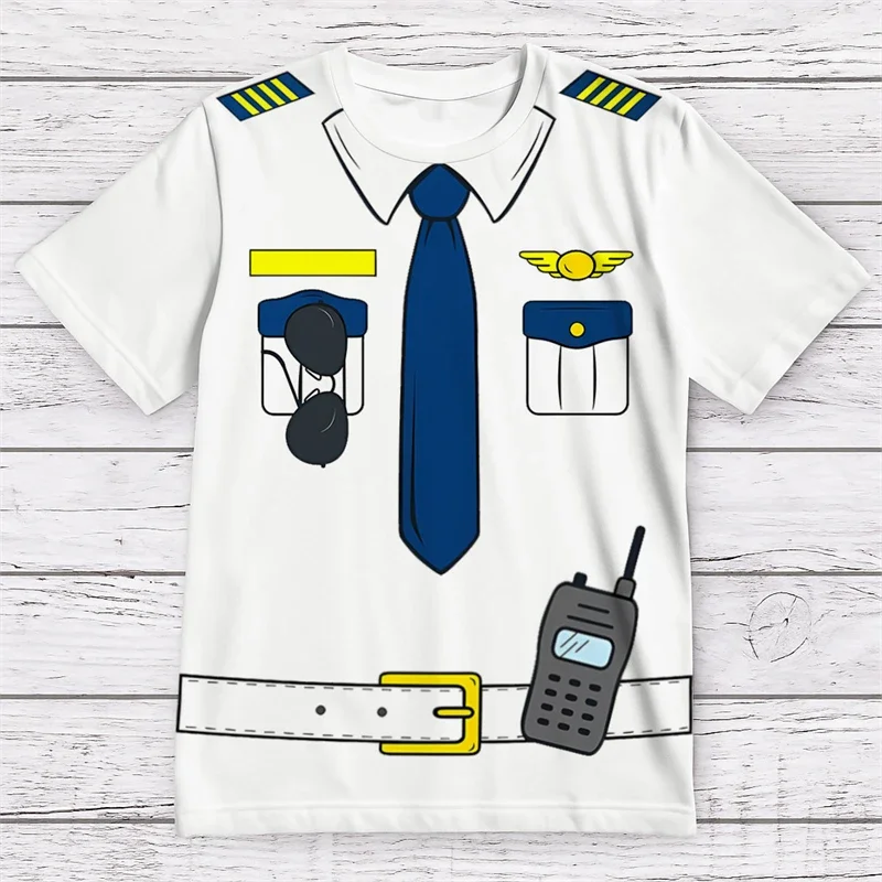 Funny Pilot Uniform Graphic T Shirts For Men Summer Fashion Short Sleeve 3D Printed T-shirts Casual Oversized Crew Neck Tees