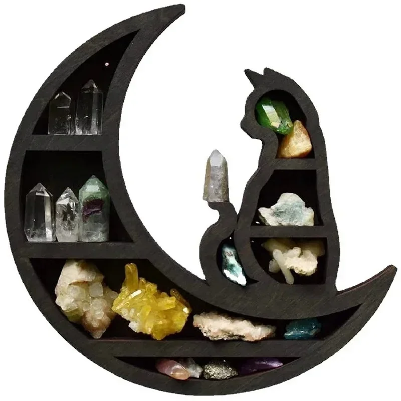 

Cat in the Moon Crystal Wooden Shelf Holder, Elf Crystals Rack, Gothic Style, Storage Tray, Gift, Hot Sale