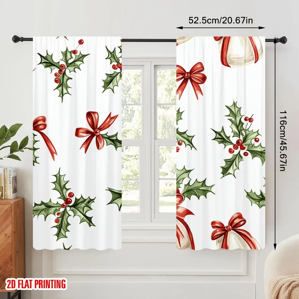 2pcs,2D plane printing Curtains Christmas Bells Ribbons Holly Versatile Polyester (without rod) Festive Ldeal for Bedroom,