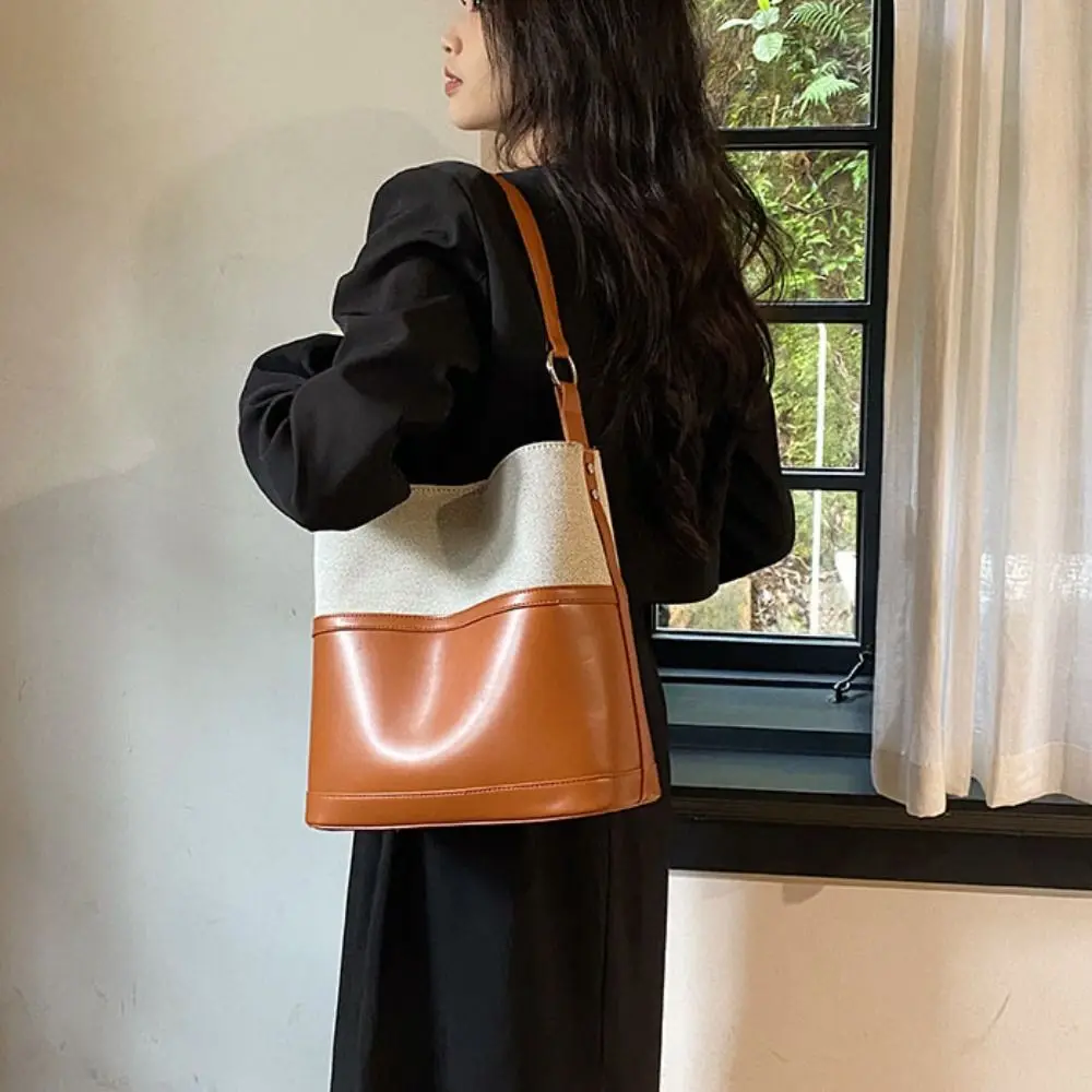 

Ins Patchwork PU Leather Shoulder Bag Korean Style Large Capacity New Design Tote Bag Casual Handbag Women Bucket Bag Outdoor