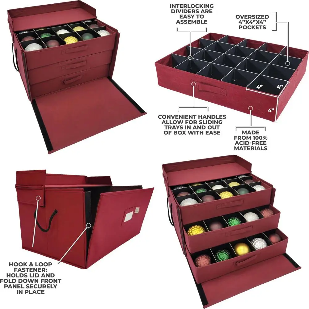 

Коробка-органайзер для украшений из 60 предметов с 3 регулируемыми подносами для 4 рождественских украшений