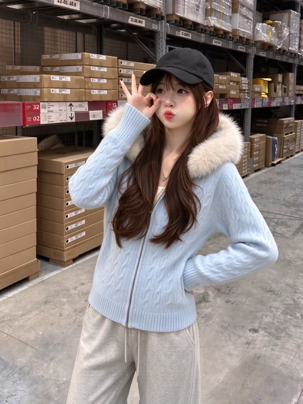 Korean Style Blue Knitted Short Sweater Women's Autumn Winter Small Size Waist Cinch Short Cardigan Coat with Large Fur Collar