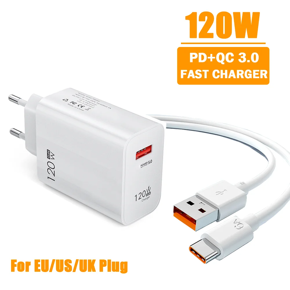 120W GaN USB Charger Fast Charging Type C Cable QC 3.0 For Iphone 14 15 16 Pro Max Xiaomi 14 Huawei Samsung Mobile Phone Charger