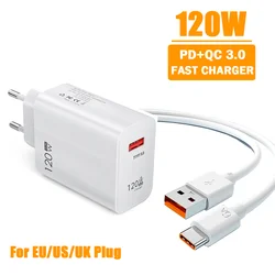 120W GaN USB Charger Fast Charging Type C Cable QC 3.0 For Iphone 14 15 16 Pro Max Xiaomi 14 Huawei Samsung Mobile Phone Charger