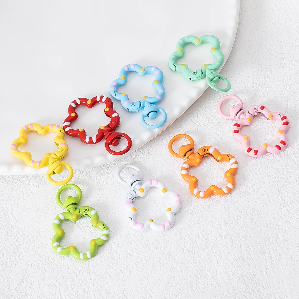 5pcs Colorful Flower-Shaped Spring Clasps Rotatable Keyrings for DIY Handbag Keychain Dog Chains Phone Pouch Jewelry Making