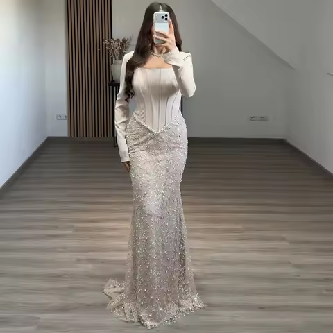 Exquisite Light Champagne Mermaid Evening Dress Square Neck Corset Beading Long Sleeves formal Occasions Customized Prom Gowns