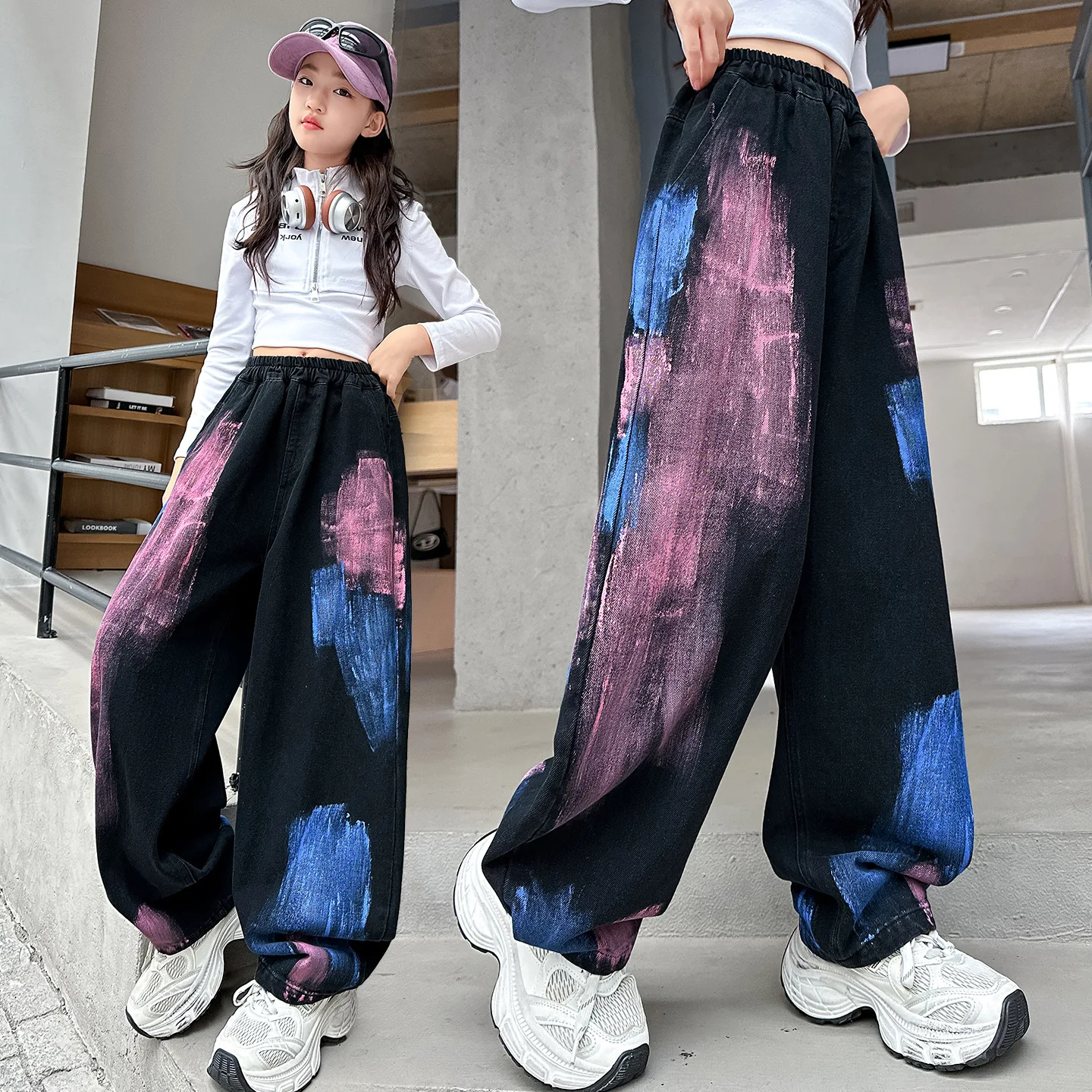 New Hand-Painted Girls Fashion Jeans Spring Autumn Loose Curved Knife Pants American Trendy Brand Children's Denim Trousers