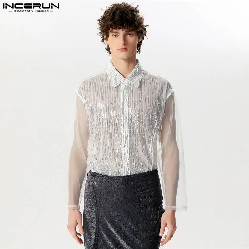 2024 Men Shirt Sequins Mesh Patchwork Lapel Long Sleeve Men Clothing Transparent Streetwear Fashion Casual Camisas INCERUN S-5XL