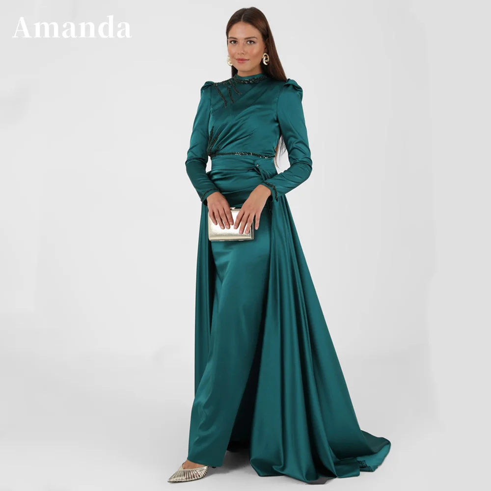 Amanda Modest Long Sleeve Prom Dress Green Silk Evening Dress With Removable Train High Neck Party Dress فساتين مناسبة رسمية