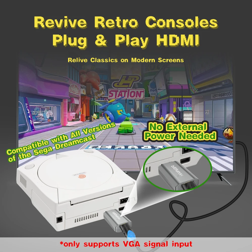 Bitfunx MINI DC HDMI Adapter VGA do HDMI Video Audio HDTV Converter dla konsoli DreamCast Wszystkie wersje — zdjęcie produktu 3