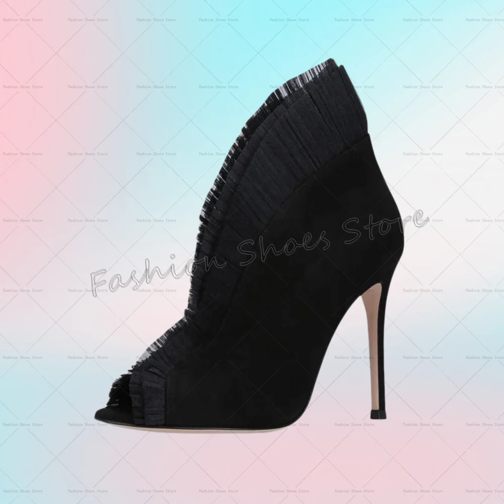 黒のピープトゥスリッポンパンプス、ファー装飾スティレットハイヒール、レディースファッションヒール、2025年新作、女性用靴