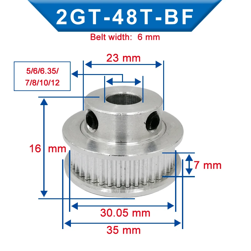 GT2-48 Teeth pulley wheel Bore 5/6/6.35/7/8/10/12 mm BF shape pulley Match with width 6/10 mm GT2-timing belt For 3D Printers