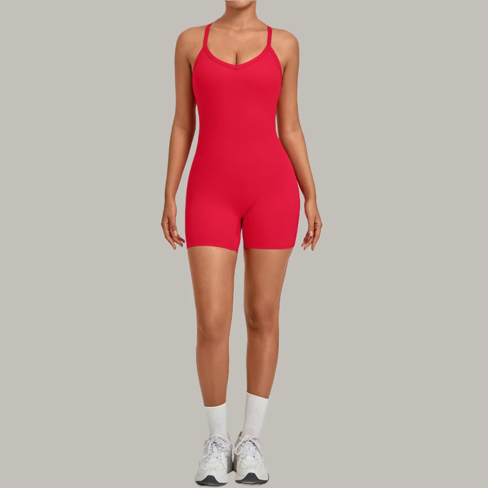 Adjustable Cross Back Women Yoga Bodysuit V Neck Tummy Butt Lift Short Jumpsuit Sweat Wicking Gym Training Workout Playsuit Set