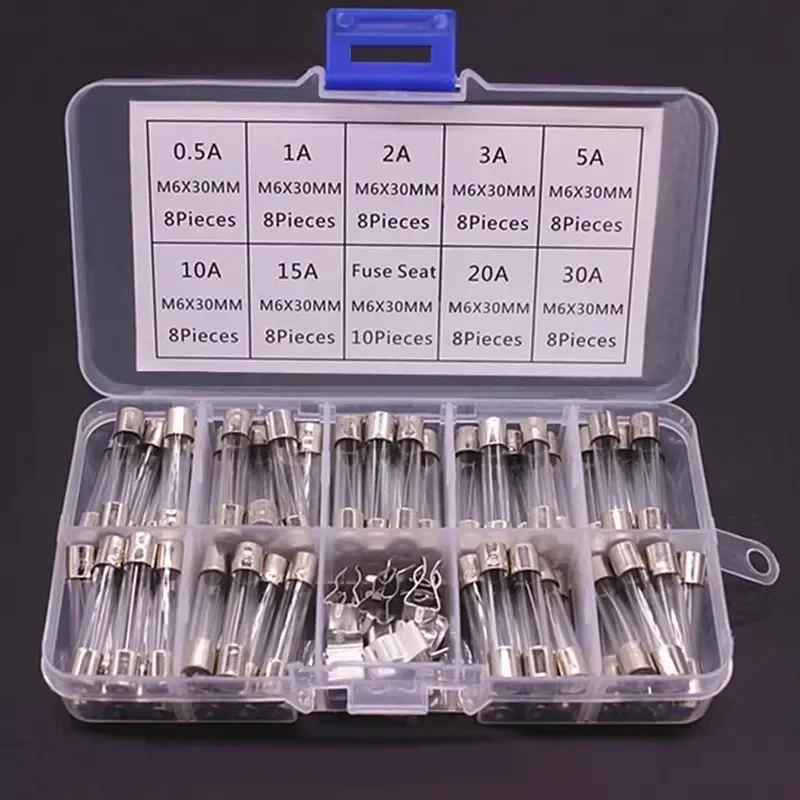 72PCS 6x30mm Glass Fuse Assorted 0.5A-30A 6*30mm Fuse Tubes with Bracket Sample Box for Electrical Safety And Protection