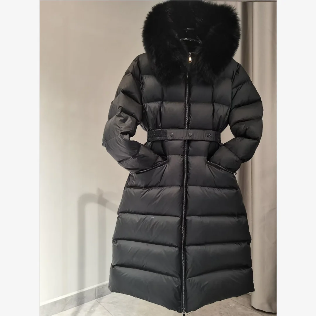 

Winter women's long jacket 100% natural fox fur Hooded slim Down Jackets Includes belt and NFC 95% white goose down filling