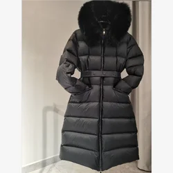 Winter women's long jacket 100% natural fox fur Hooded slim Down Jackets Includes belt and NFC 95% white goose down filling