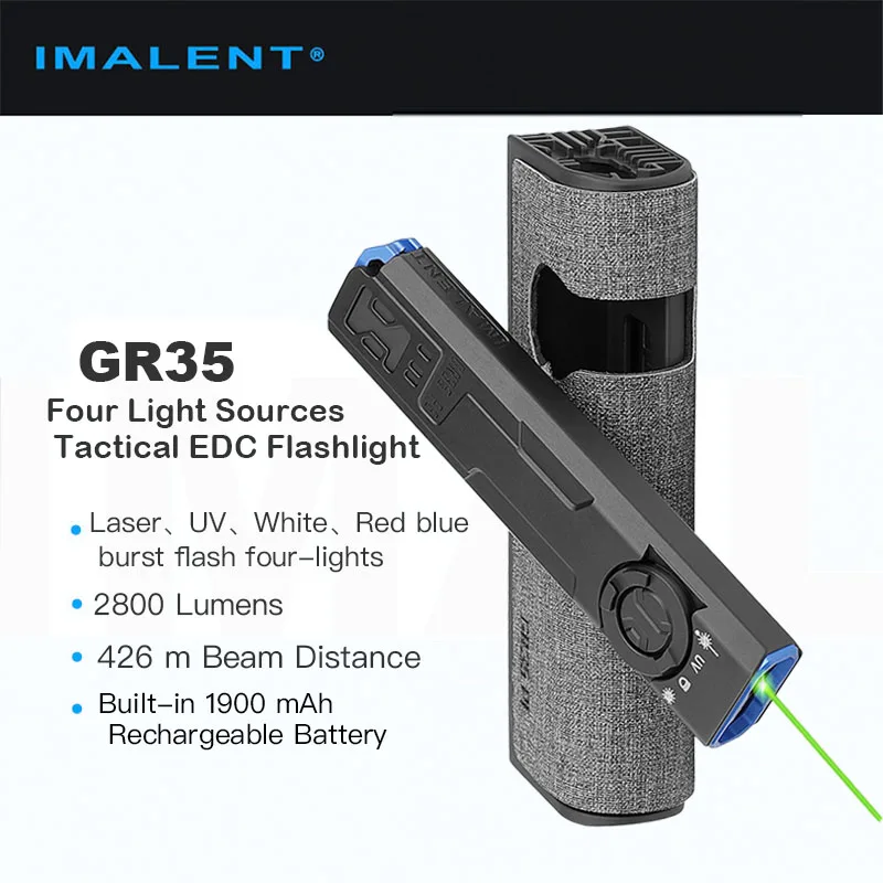 IMALENT GR35 Four Light Sources Tactical EDC Flashlight with Green/Red Lamp, UV, White, Red Blue Burst Flash, 2800 Lumens (White