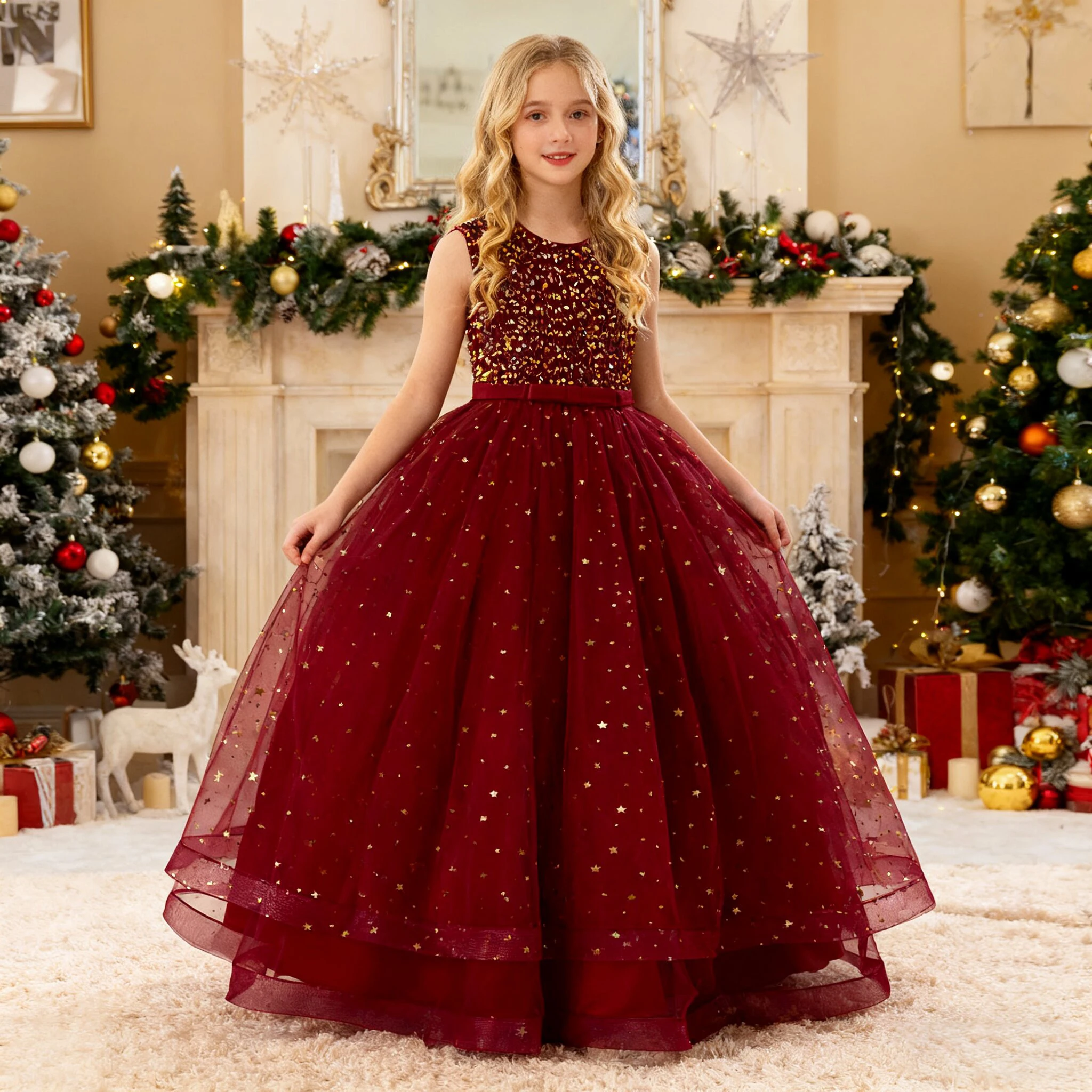 Elegante Pailletten Brautjungfer Party Mädchen Kleid Weihnachten Kostüm Mode Schleife Hochzeit Prinzessin Prom Kleid Mädchen Geburtstag Abendkleid