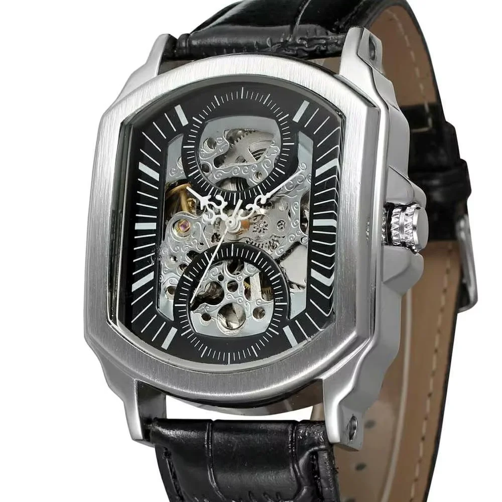 T-WINNER  WATCH Creative surface double circle black no digital dial leather strap men's mechanical wrist watch