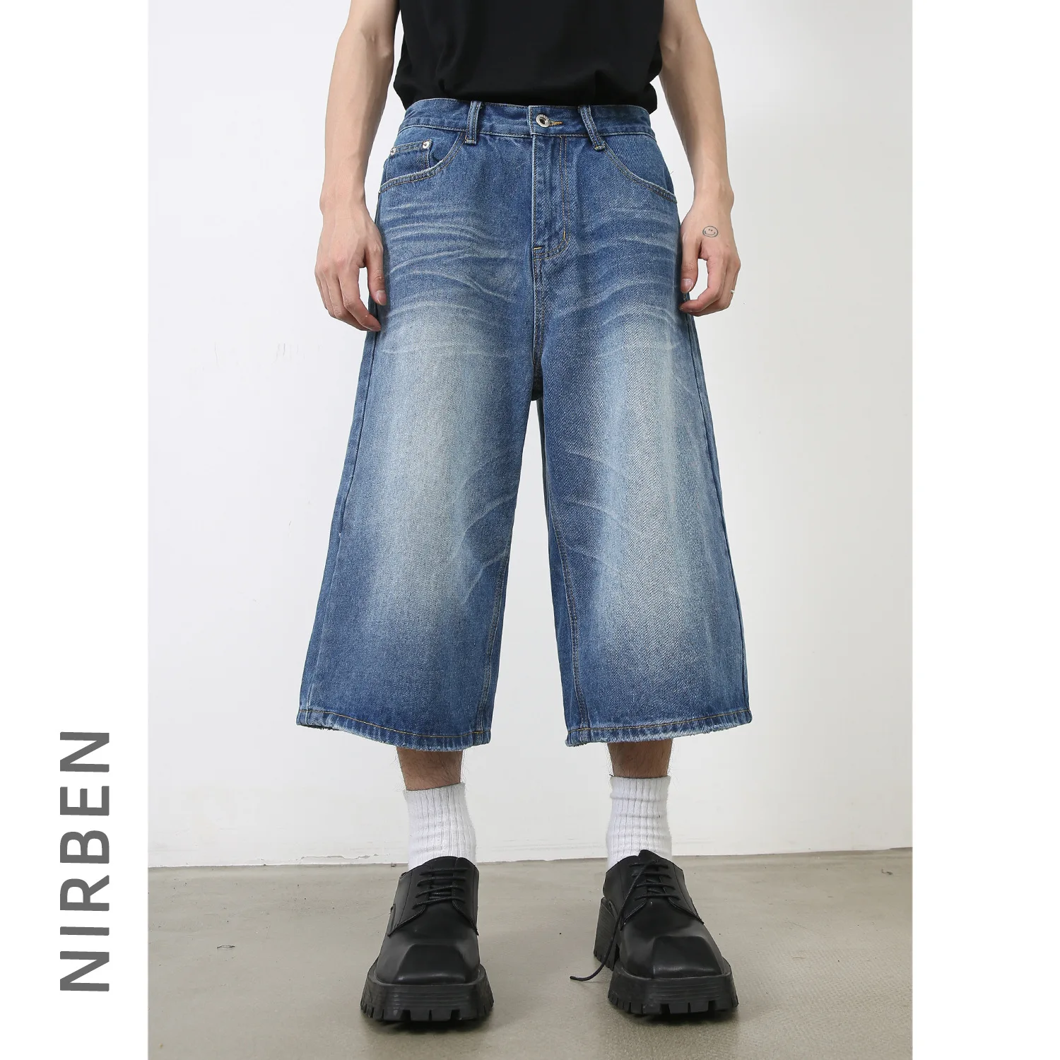 New Denim American Summer Loose Silhouette Retro Washed Seven-point Straight Denim Shorts Men's Trend